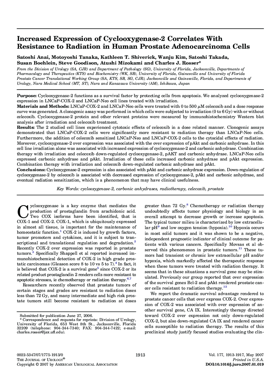 Increased Expression of Cyclooxygenase-2 Correlates With Resistance to Radiation in Human Prostate Adenocarcinoma Cells