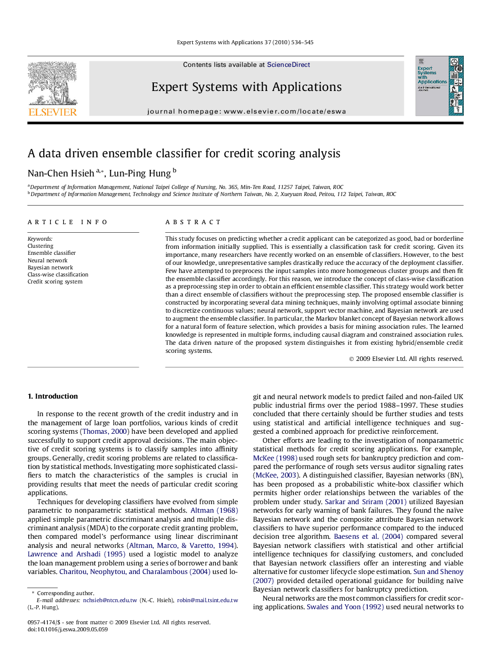 A data driven ensemble classifier for credit scoring analysis