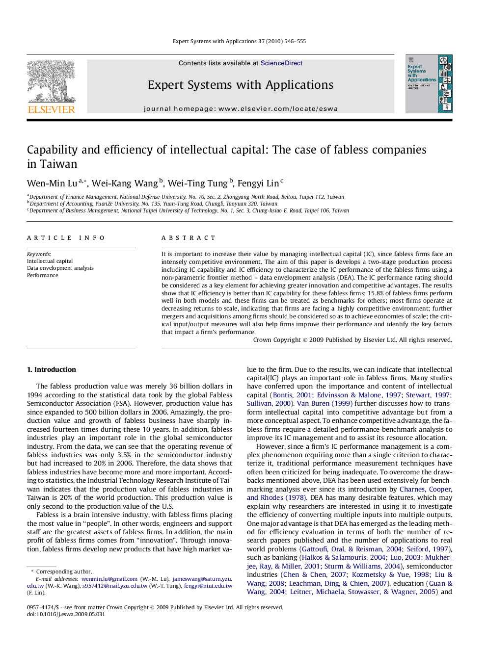 Capability and efficiency of intellectual capital: The case of fabless companies in Taiwan