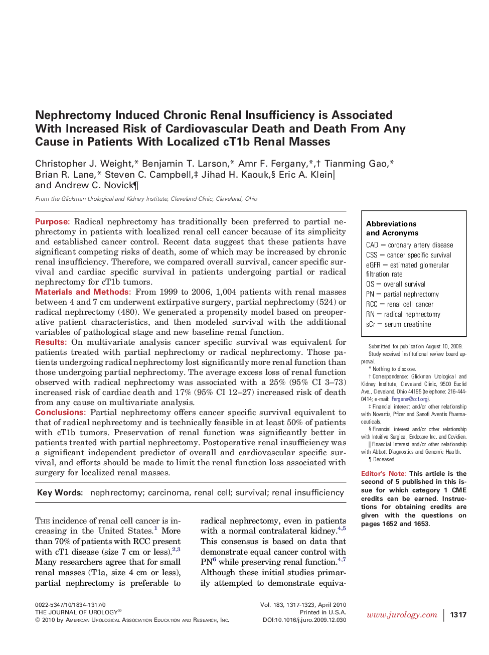 Nephrectomy Induced Chronic Renal Insufficiency is Associated With Increased Risk of Cardiovascular Death and Death From Any Cause in Patients With Localized cT1b Renal Masses 