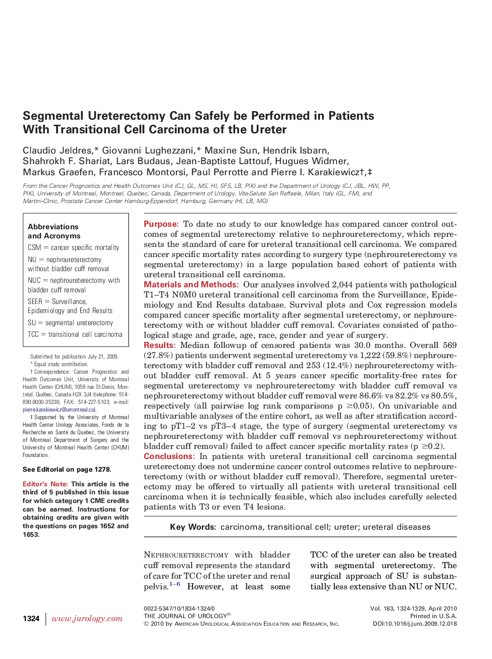 Segmental Ureterectomy Can Safely be Performed in Patients With Transitional Cell Carcinoma of the Ureter 