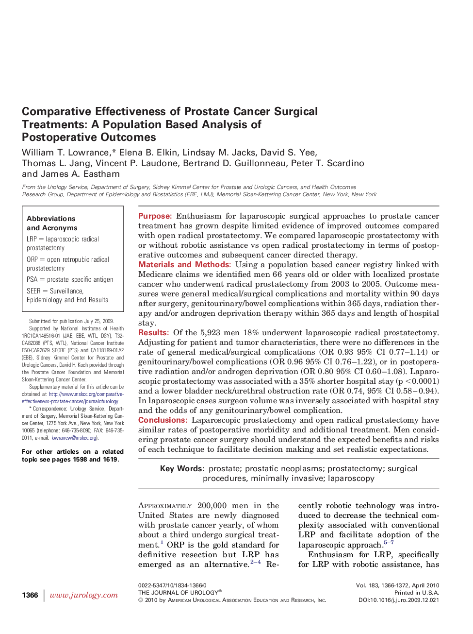 Comparative Effectiveness of Prostate Cancer Surgical Treatments: A Population Based Analysis of Postoperative Outcomes