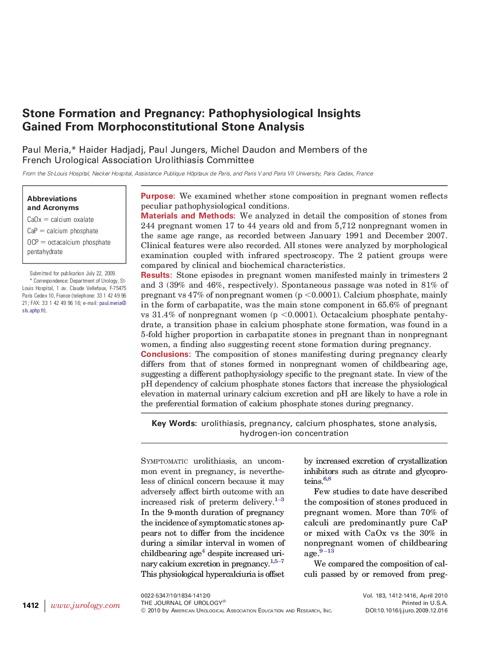 Stone Formation and Pregnancy: Pathophysiological Insights Gained From Morphoconstitutional Stone Analysis