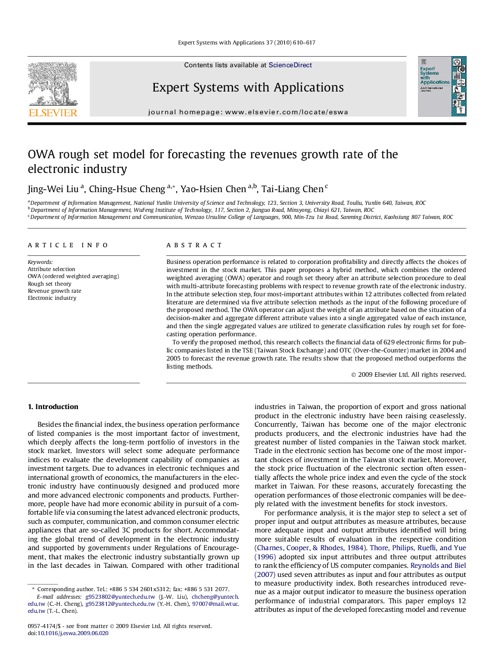 OWA rough set model for forecasting the revenues growth rate of the electronic industry