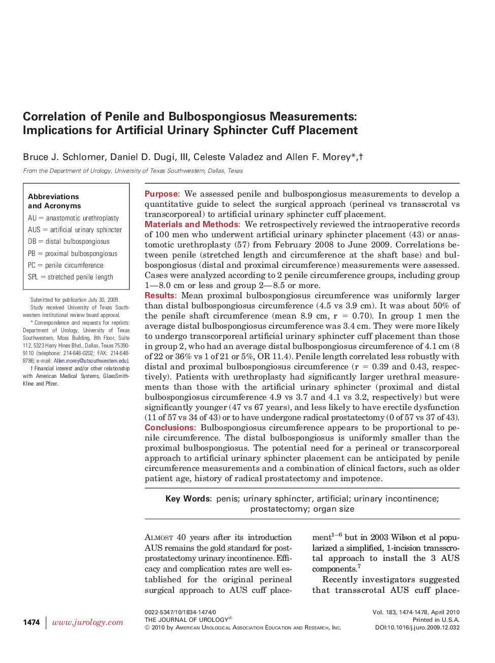 Correlation of Penile and Bulbospongiosus Measurements: Implications for Artificial Urinary Sphincter Cuff Placement 