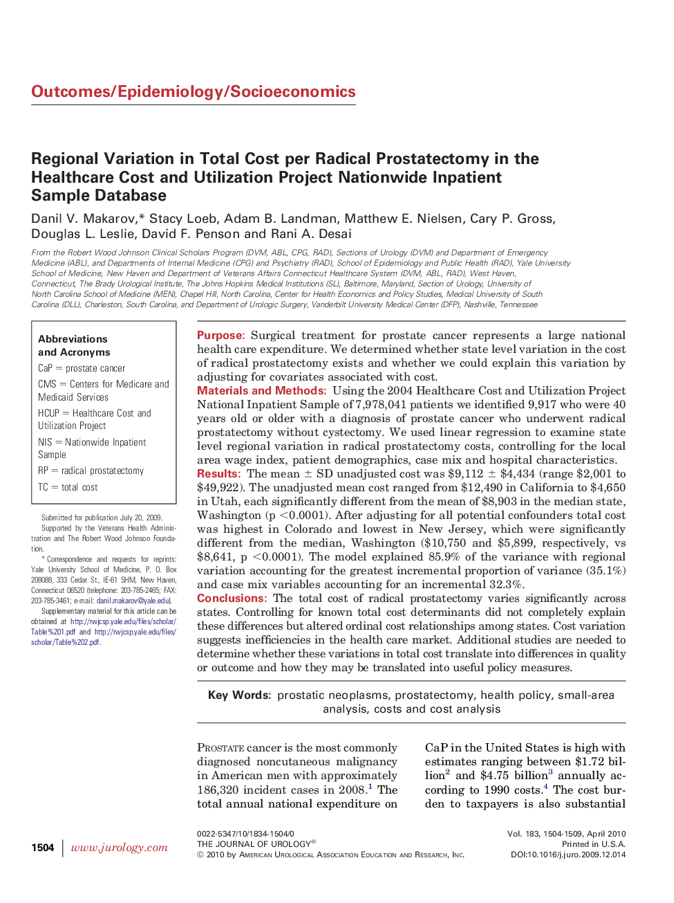 Regional Variation in Total Cost per Radical Prostatectomy in the Healthcare Cost and Utilization Project Nationwide Inpatient Sample Database