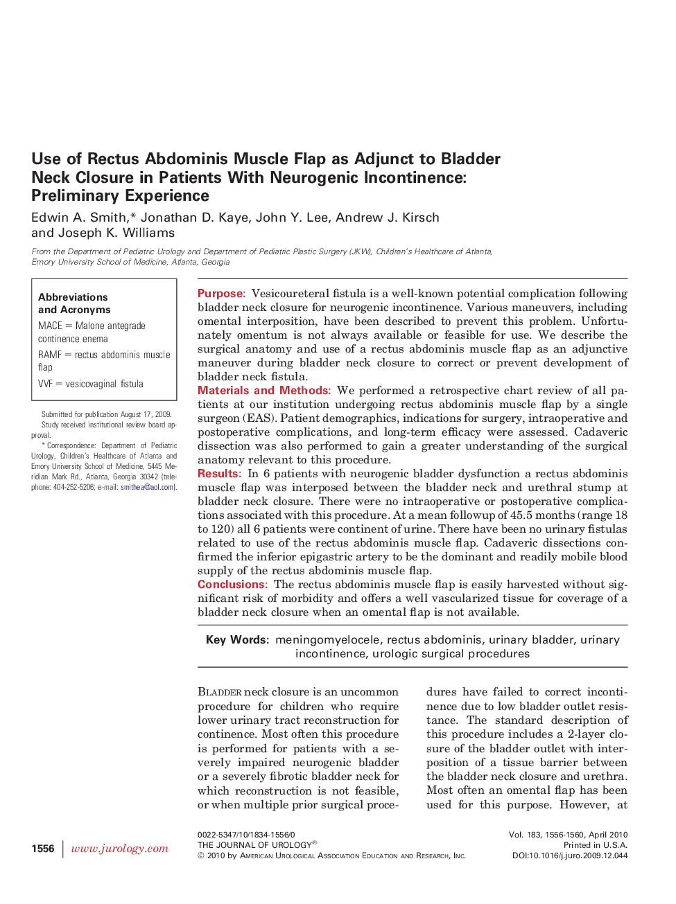 Use of Rectus Abdominis Muscle Flap as Adjunct to Bladder Neck Closure in Patients With Neurogenic Incontinence: Preliminary Experience 