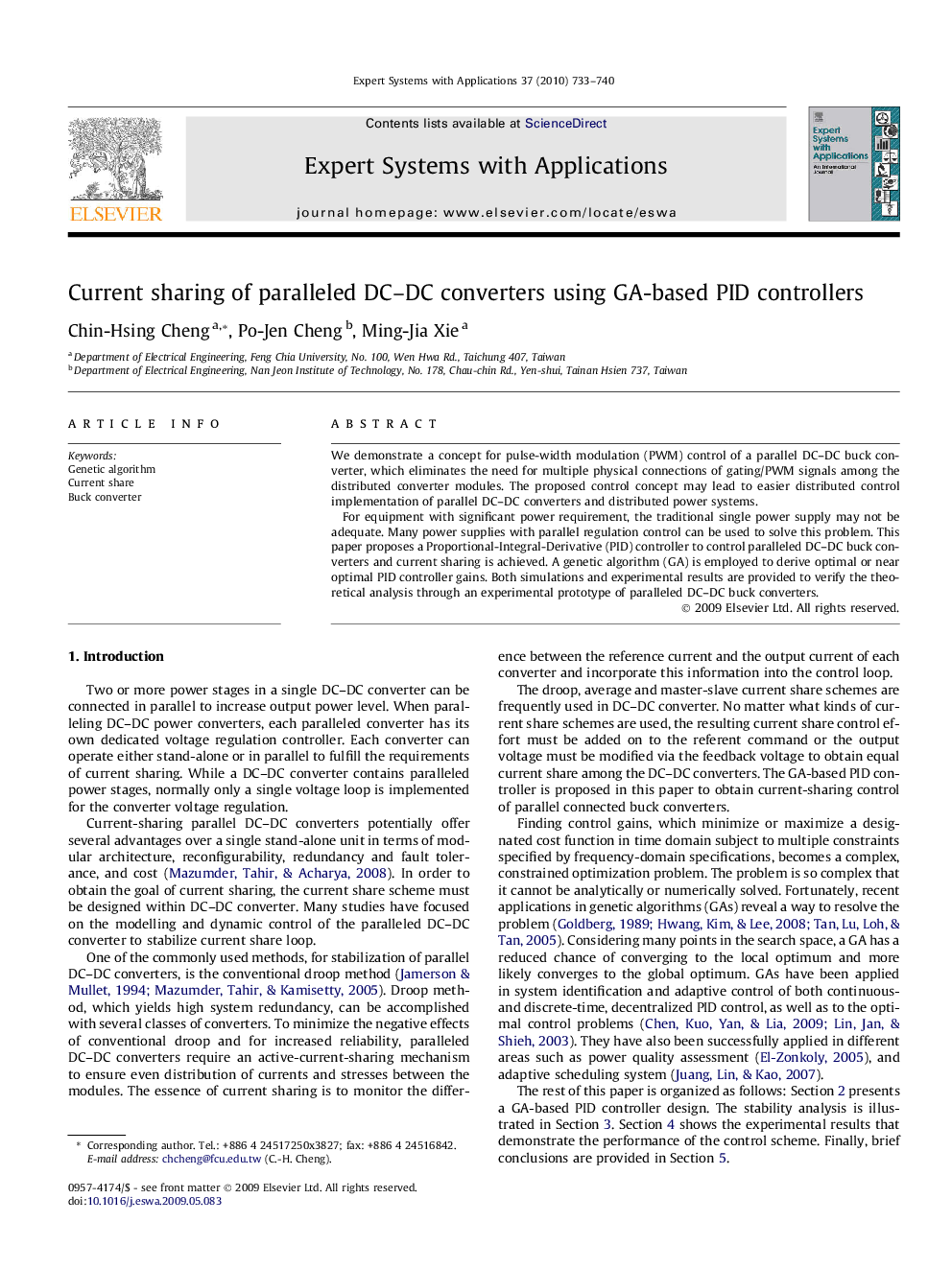 Current sharing of paralleled DC–DC converters using GA-based PID controllers