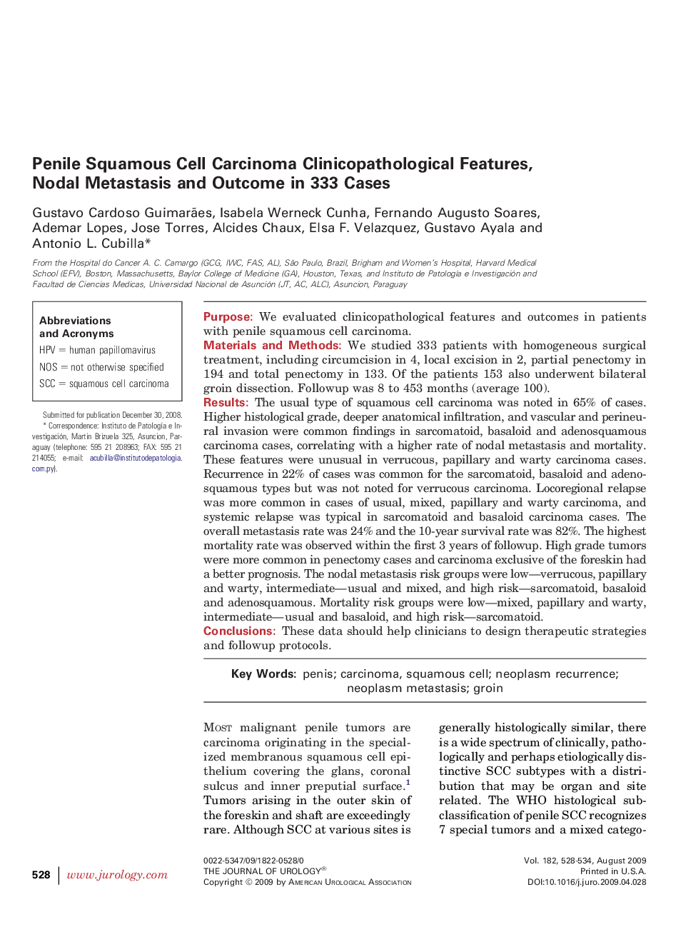 Penile Squamous Cell Carcinoma Clinicopathological Features, Nodal Metastasis and Outcome in 333 Cases