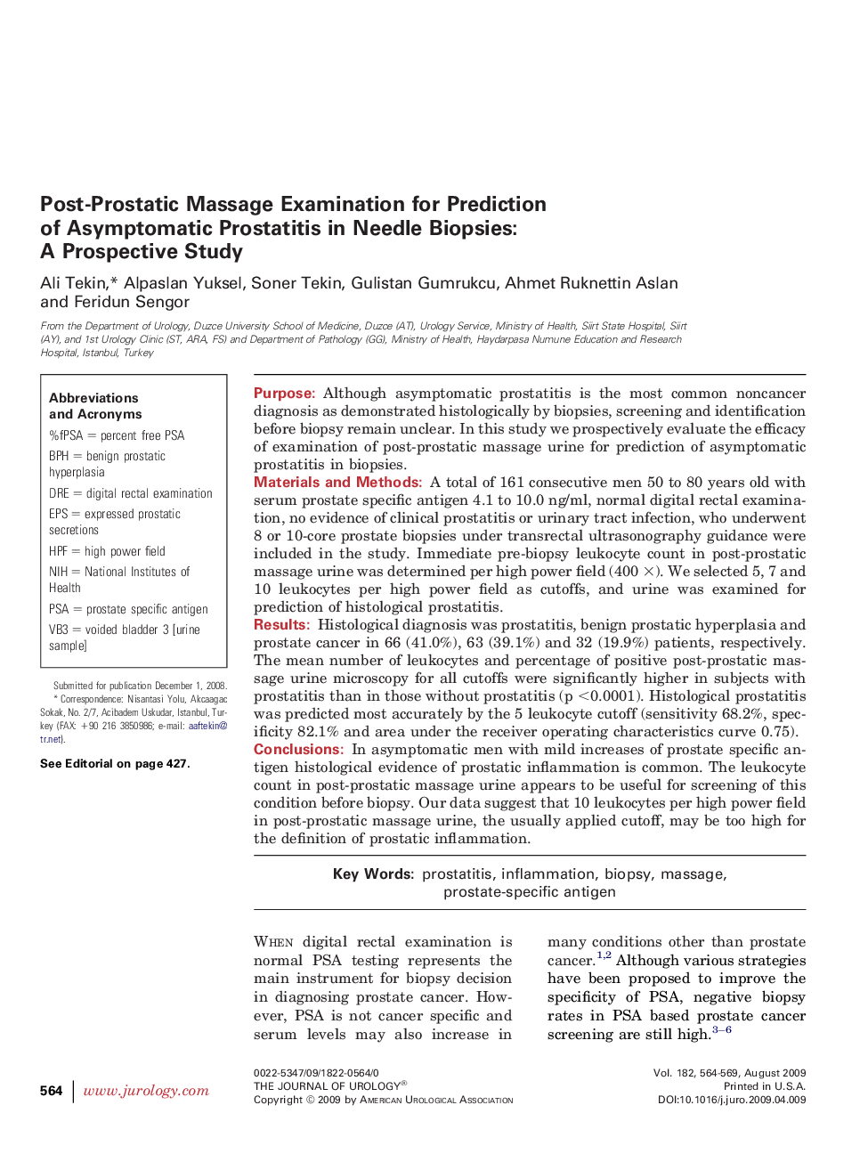 Post-Prostatic Massage Examination for Prediction of Asymptomatic Prostatitis in Needle Biopsies: A Prospective Study 