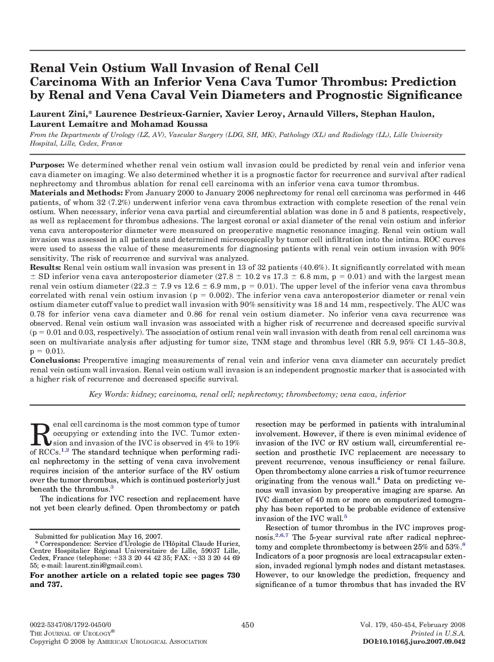 Renal Vein Ostium Wall Invasion of Renal Cell Carcinoma With an Inferior Vena Cava Tumor Thrombus: Prediction by Renal and Vena Caval Vein Diameters and Prognostic Significance 