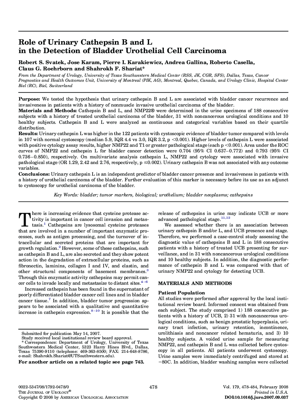 Role of Urinary Cathepsin B and L in the Detection of Bladder Urothelial Cell Carcinoma 