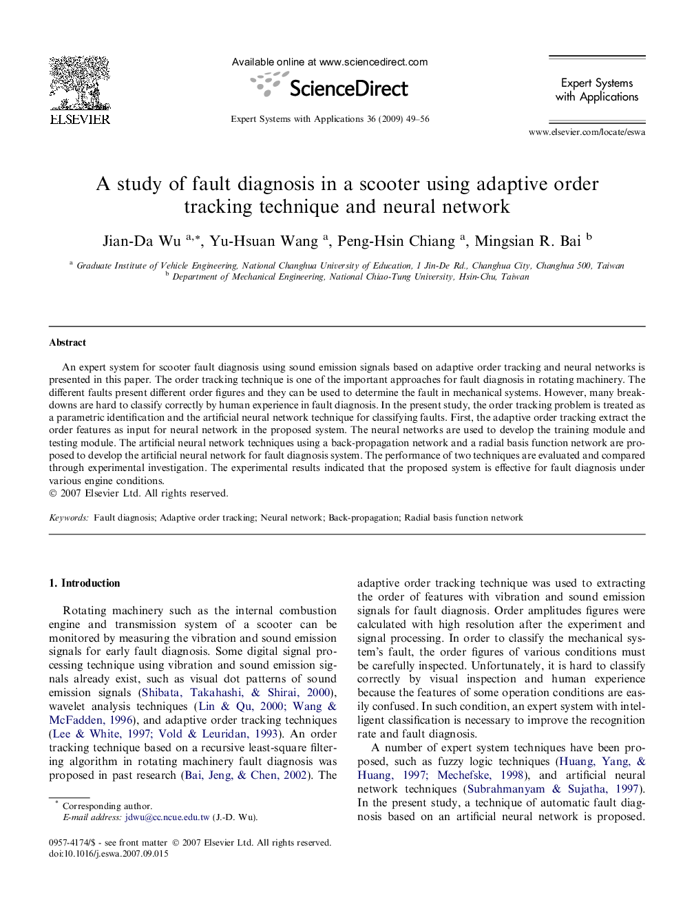 A study of fault diagnosis in a scooter using adaptive order tracking technique and neural network