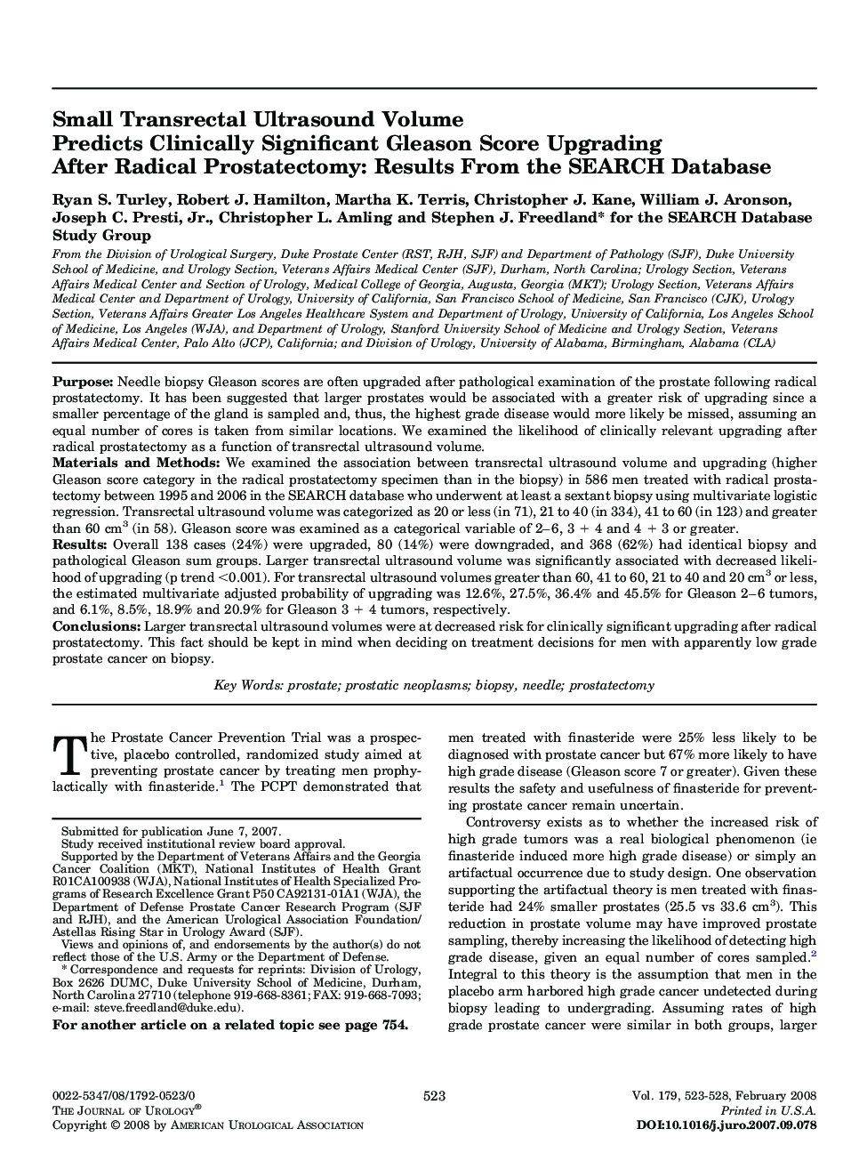 Small Transrectal Ultrasound Volume Predicts Clinically Significant Gleason Score Upgrading After Radical Prostatectomy: Results From the SEARCH Database 