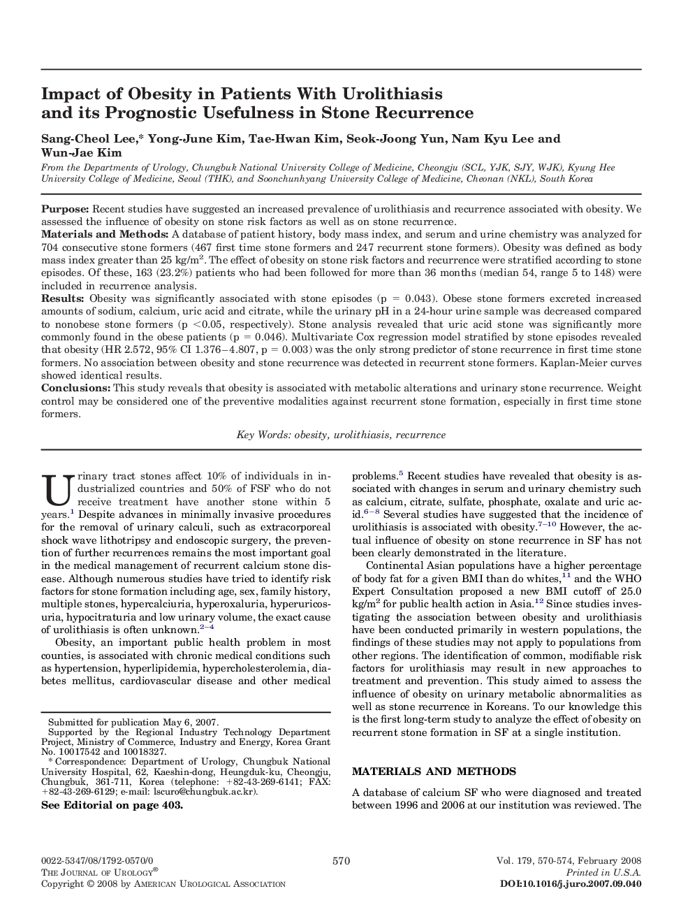 Impact of Obesity in Patients With Urolithiasis and its Prognostic Usefulness in Stone Recurrence 