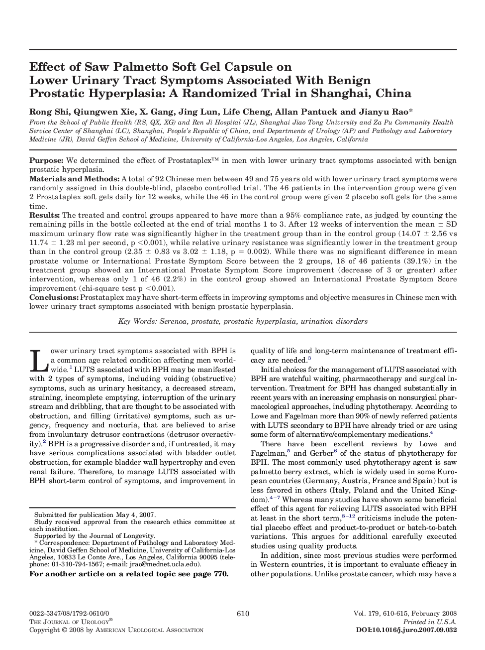 Effect of Saw Palmetto Soft Gel Capsule on Lower Urinary Tract Symptoms Associated With Benign Prostatic Hyperplasia: A Randomized Trial in Shanghai, China 