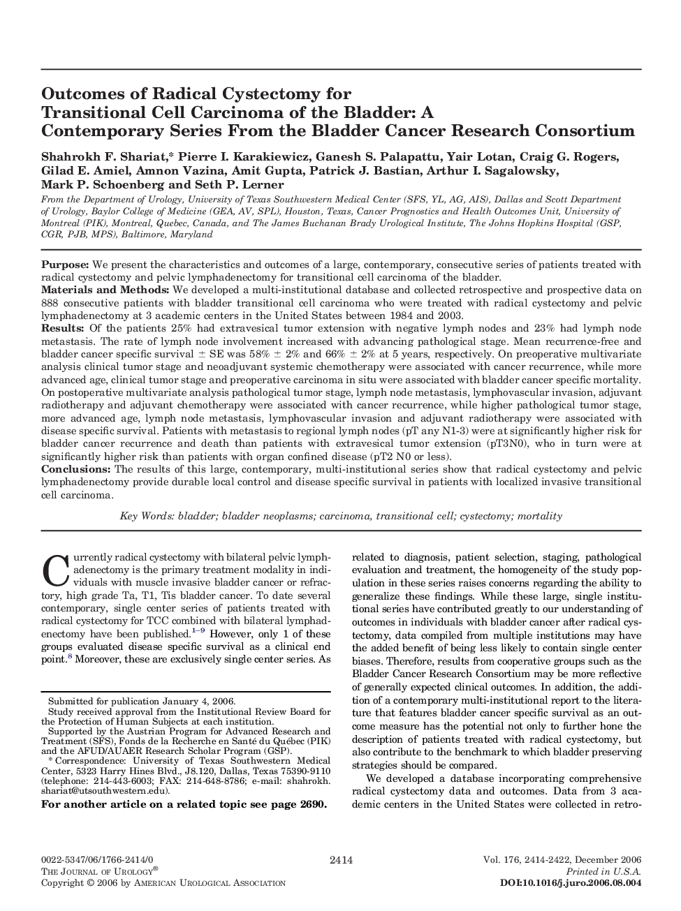 Outcomes of Radical Cystectomy for Transitional Cell Carcinoma of the Bladder: A Contemporary Series From the Bladder Cancer Research Consortium 