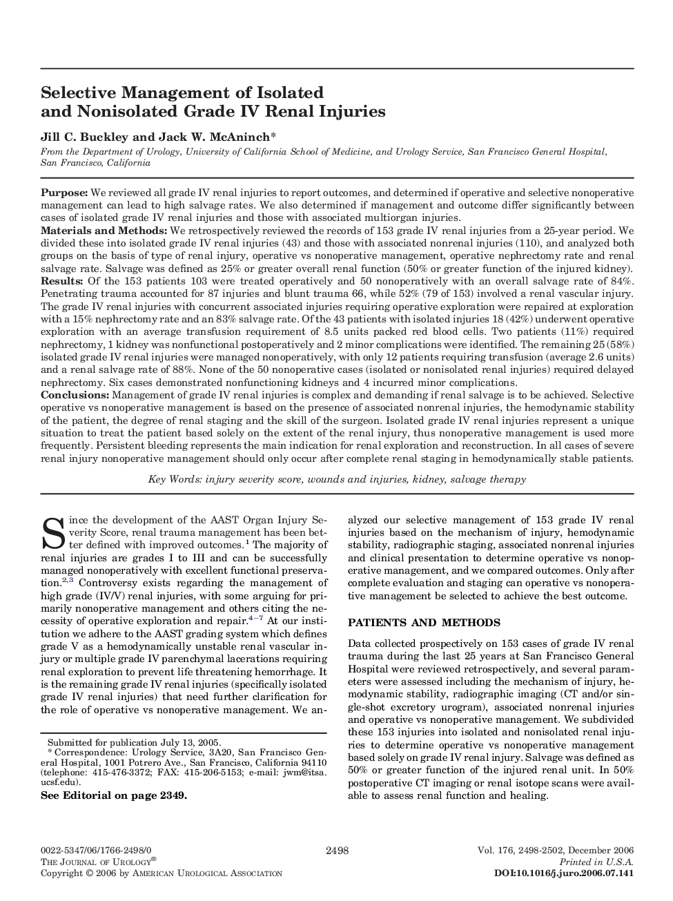 Selective Management of Isolated and Nonisolated Grade IV Renal Injuries