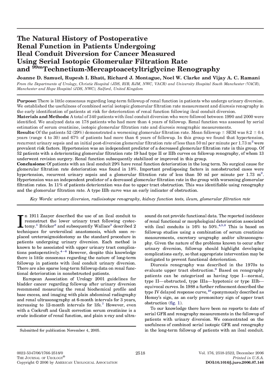 The Natural History of Postoperative Renal Function in Patients Undergoing Ileal Conduit Diversion for Cancer Measured Using Serial Isotopic Glomerular Filtration Rate and 99mTechnetium-Mercaptoacetyltriglycine Renography