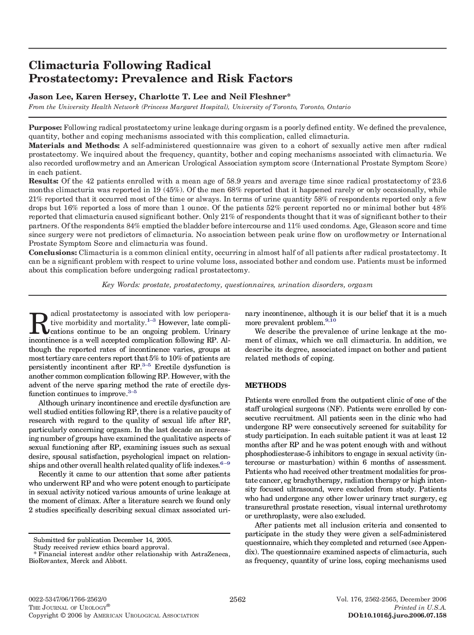 Climacturia Following Radical Prostatectomy: Prevalence and Risk Factors