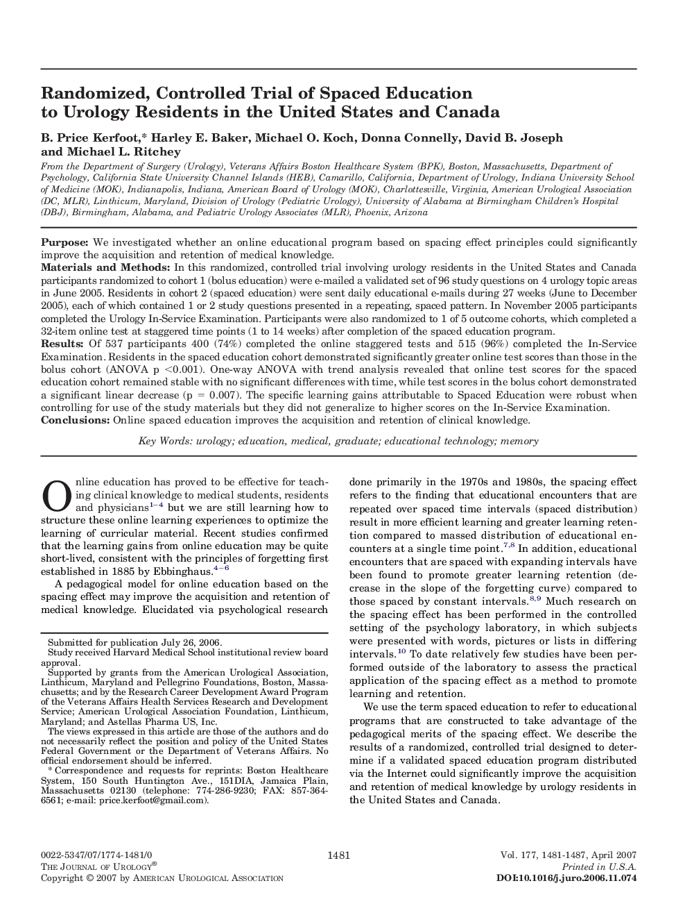 Randomized, Controlled Trial of Spaced Education to Urology Residents in the United States and Canada