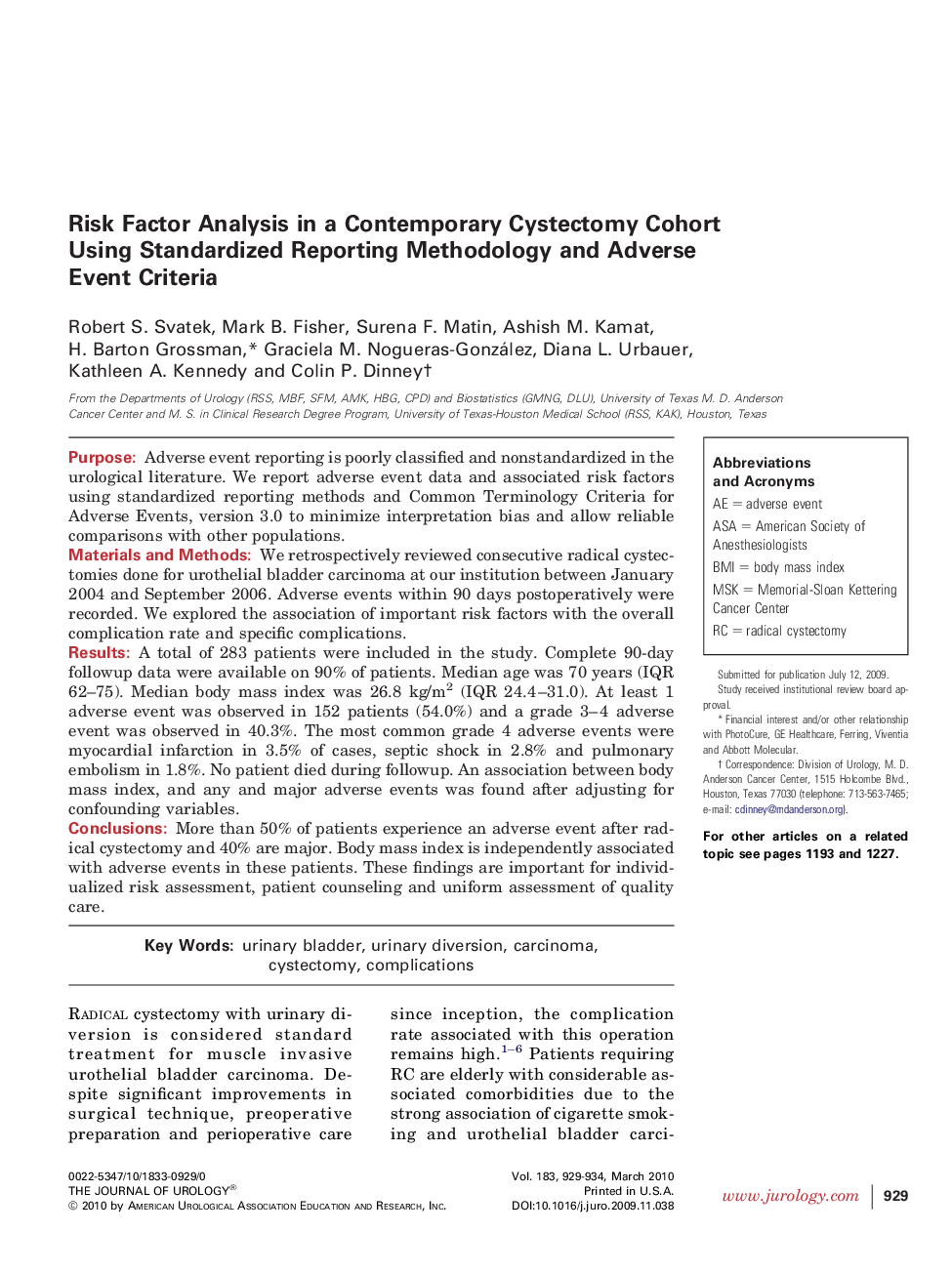 Risk Factor Analysis in a Contemporary Cystectomy Cohort Using Standardized Reporting Methodology and Adverse Event Criteria