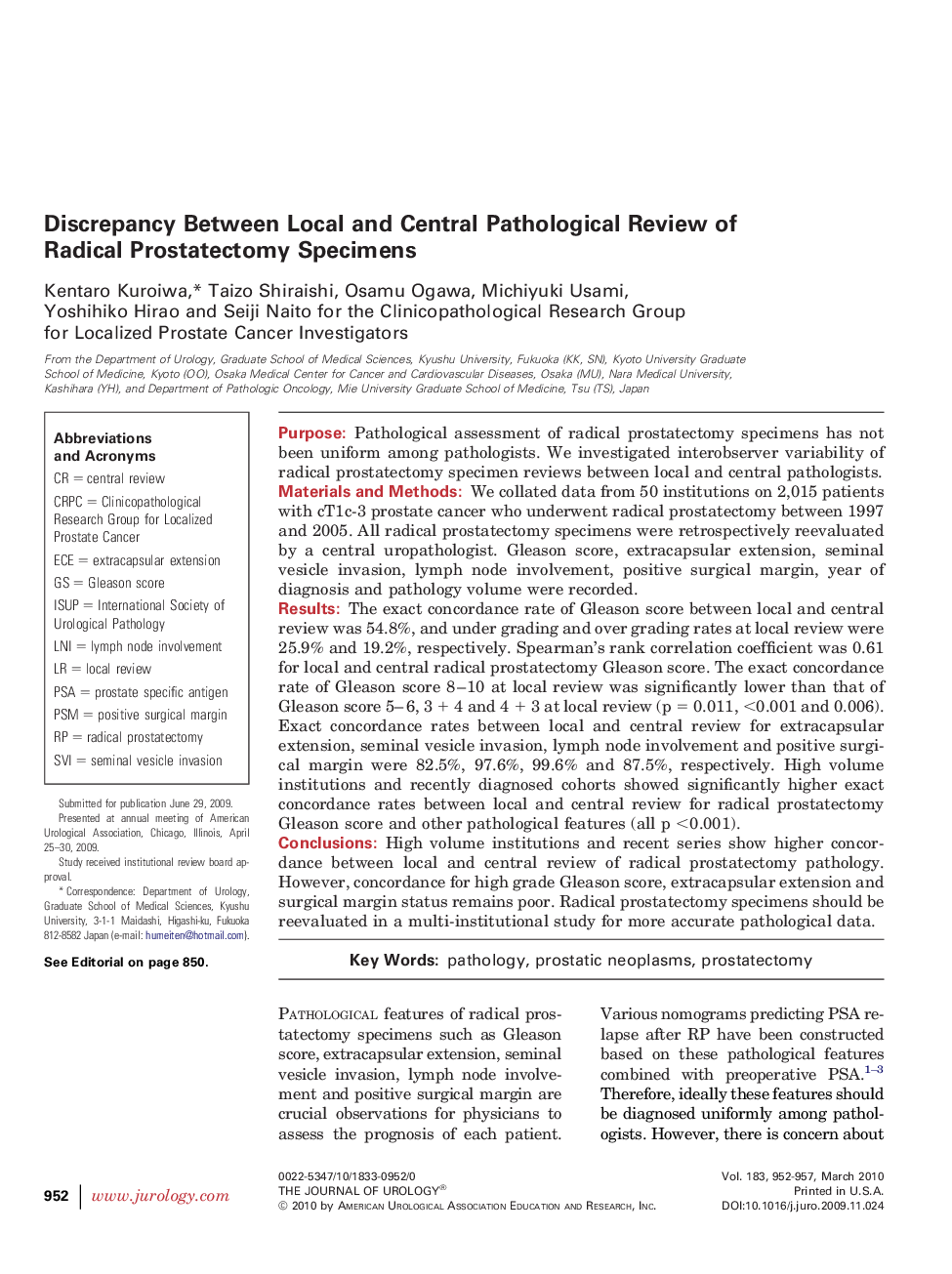 Discrepancy Between Local and Central Pathological Review of Radical Prostatectomy Specimens