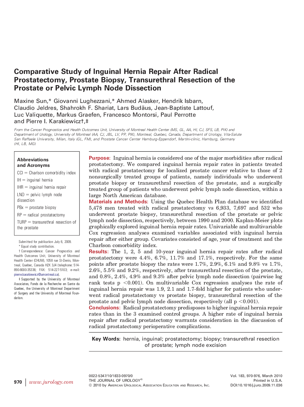 Comparative Study of Inguinal Hernia Repair After Radical Prostatectomy, Prostate Biopsy, Transurethral Resection of the Prostate or Pelvic Lymph Node Dissection