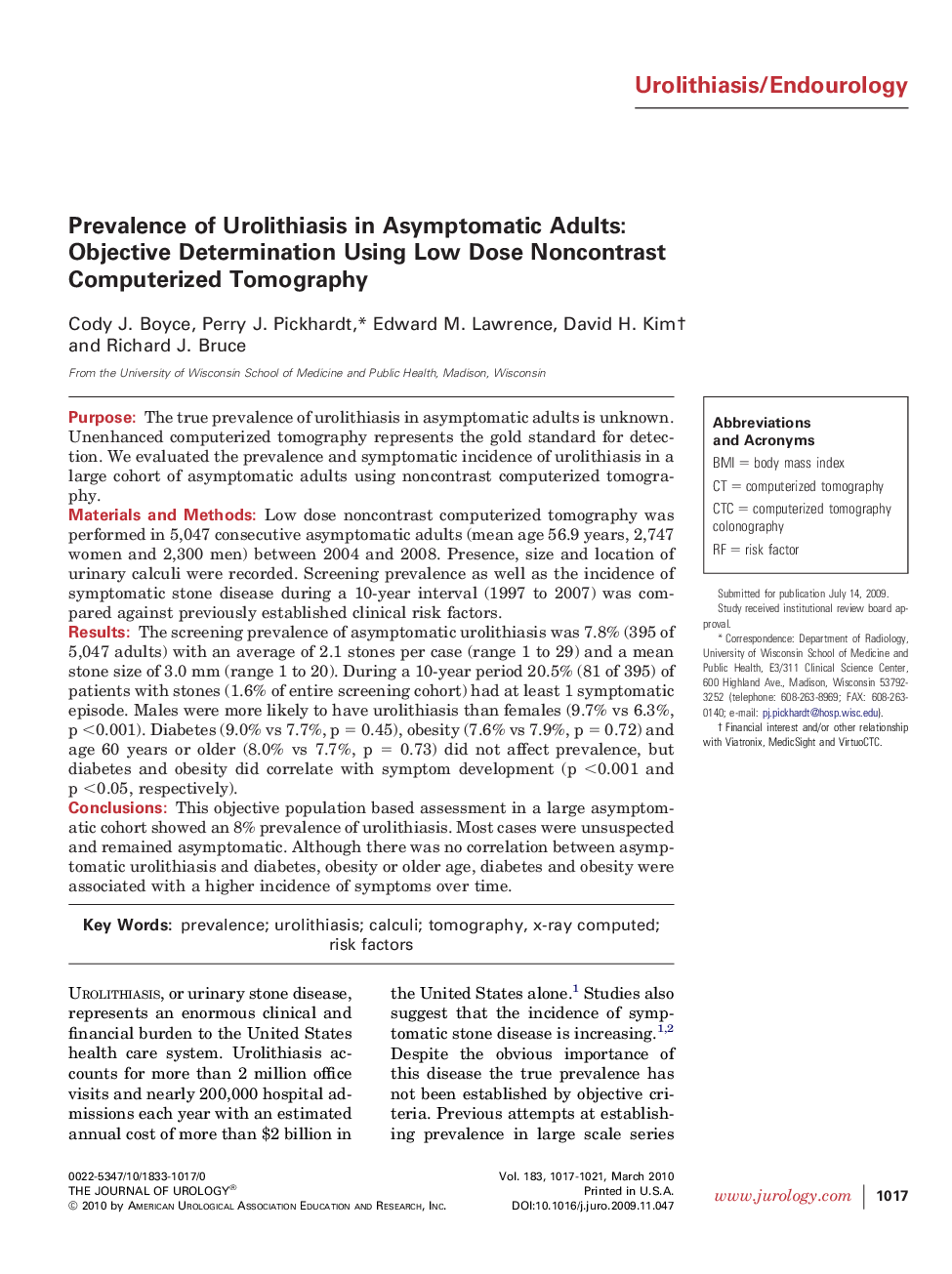 Prevalence of Urolithiasis in Asymptomatic Adults: Objective Determination Using Low Dose Noncontrast Computerized Tomography 