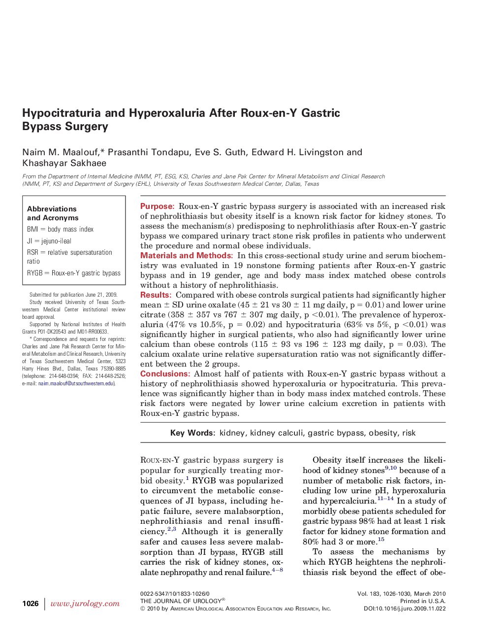 Hypocitraturia and Hyperoxaluria After Roux-en-Y Gastric Bypass Surgery 