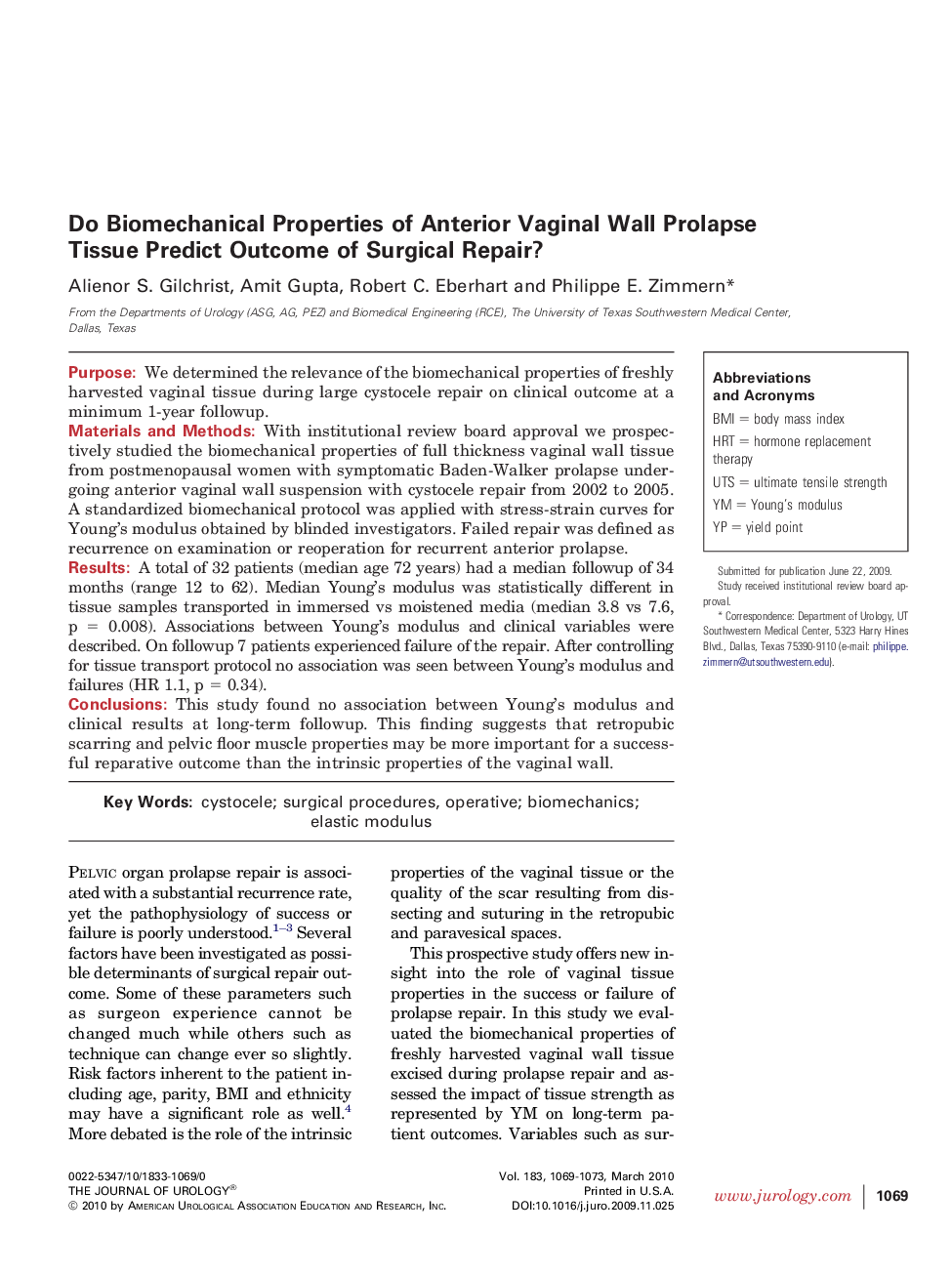 Do Biomechanical Properties of Anterior Vaginal Wall Prolapse Tissue Predict Outcome of Surgical Repair? 