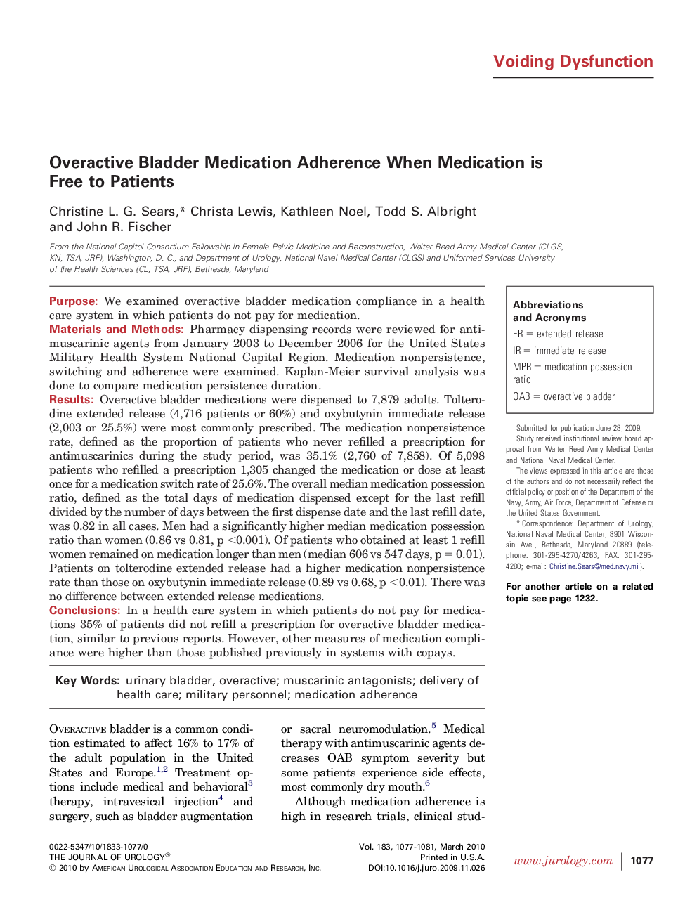 Overactive Bladder Medication Adherence When Medication is Free to Patients 