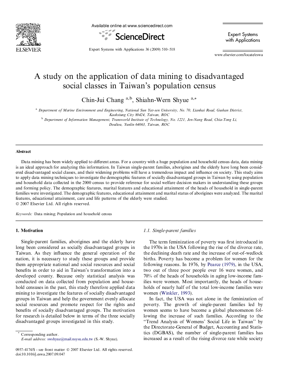 A study on the application of data mining to disadvantaged social classes in Taiwan’s population census