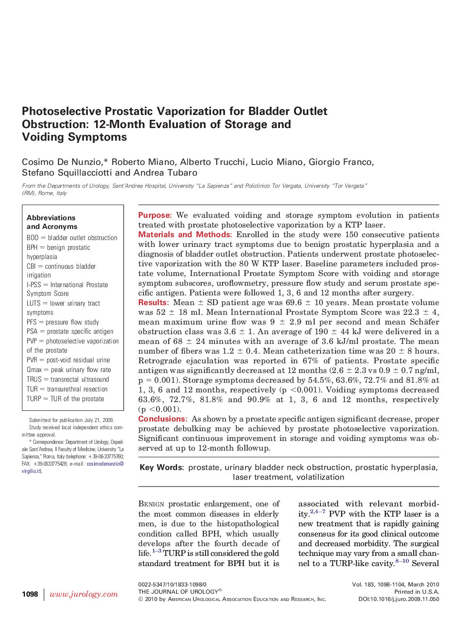 Photoselective Prostatic Vaporization for Bladder Outlet Obstruction: 12-Month Evaluation of Storage and Voiding Symptoms 