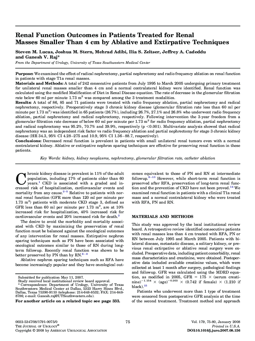 Renal Function Outcomes in Patients Treated for Renal Masses Smaller Than 4 cm by Ablative and Extirpative Techniques 