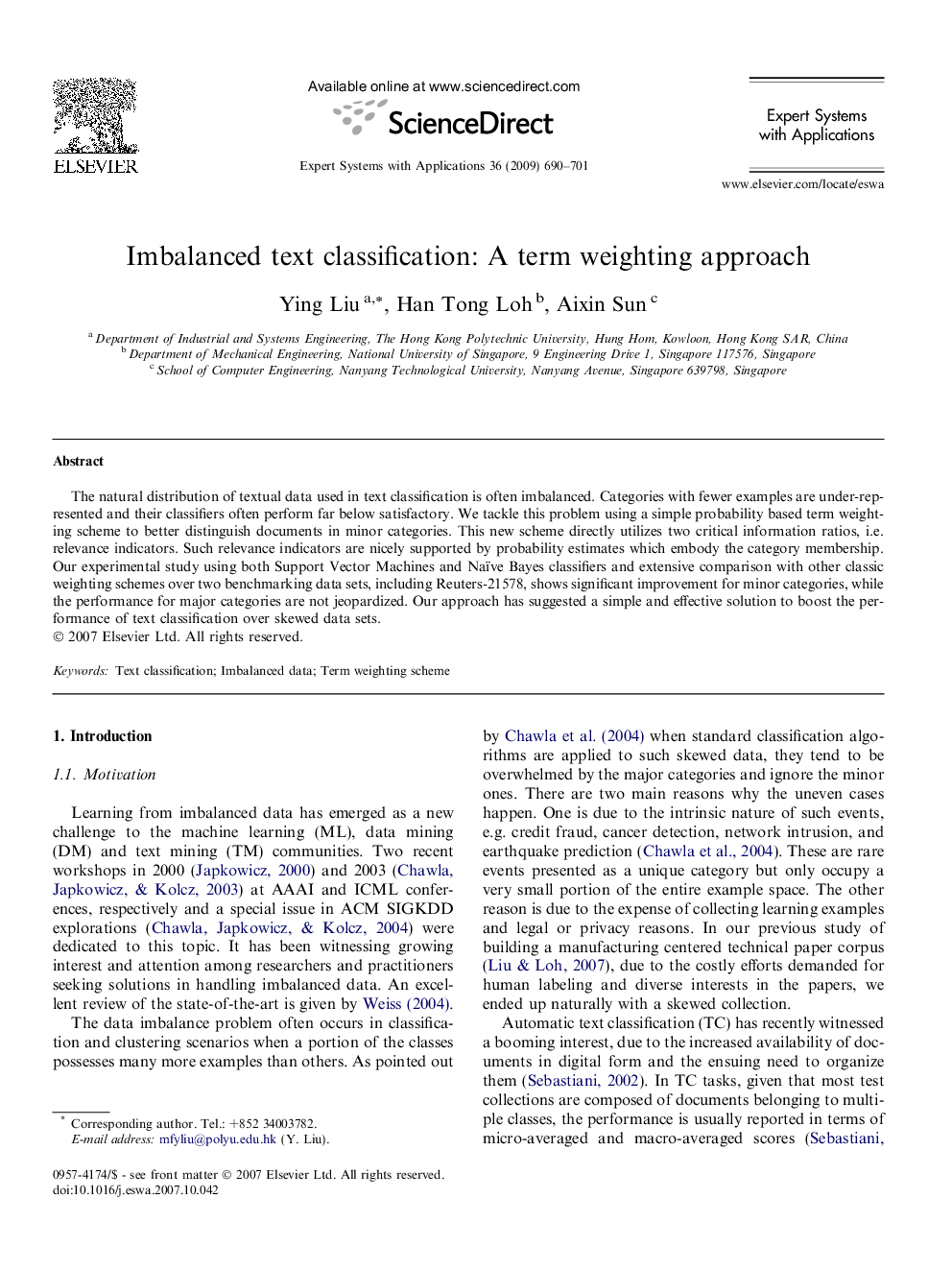 Imbalanced text classification: A term weighting approach