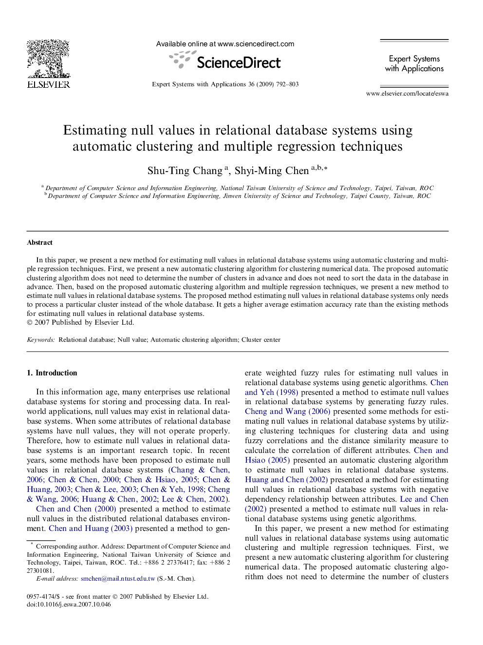 Estimating null values in relational database systems using automatic clustering and multiple regression techniques