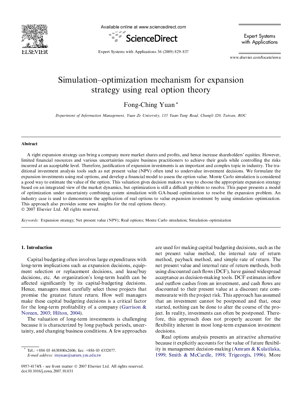 Simulation–optimization mechanism for expansion strategy using real option theory