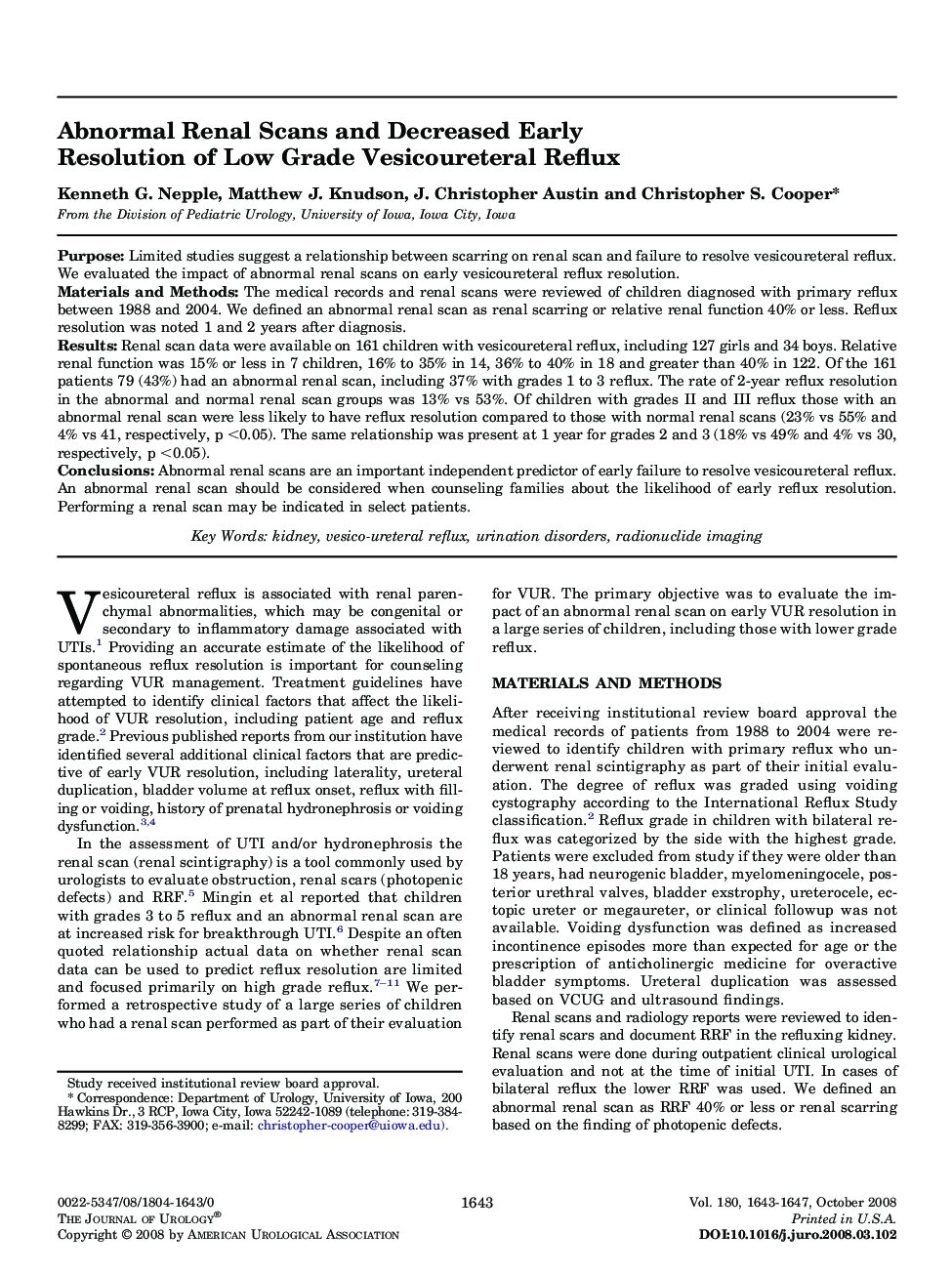 Abnormal Renal Scans and Decreased Early Resolution of Low Grade Vesicoureteral Reflux 