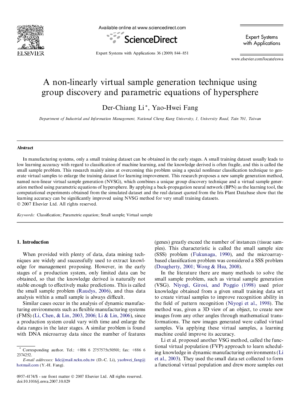 A non-linearly virtual sample generation technique using group discovery and parametric equations of hypersphere