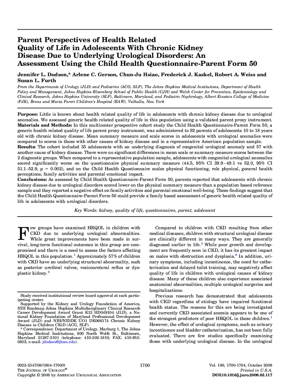 Parent Perspectives of Health Related Quality of Life in Adolescents With Chronic Kidney Disease Due to Underlying Urological Disorders: An Assessment Using the Child Health Questionnaire-Parent Form 50 