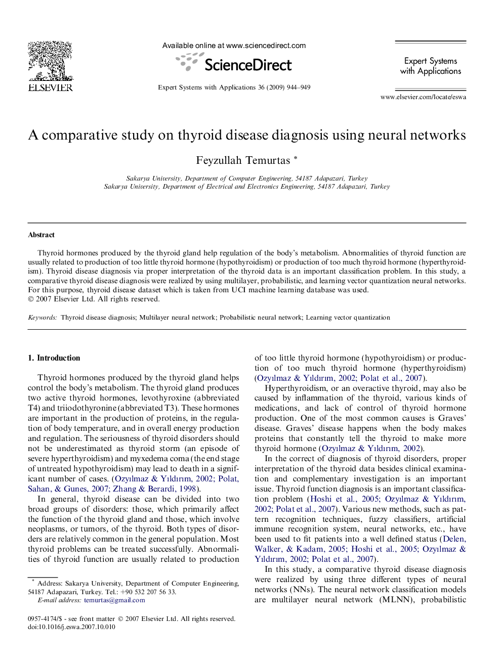 A comparative study on thyroid disease diagnosis using neural networks