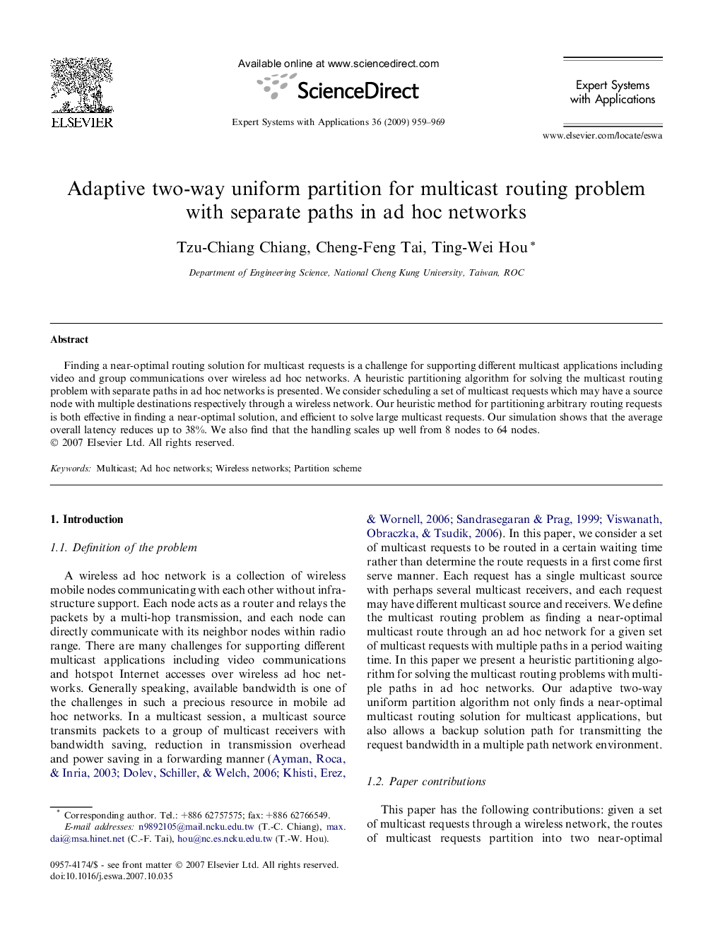 Adaptive two-way uniform partition for multicast routing problem with separate paths in ad hoc networks