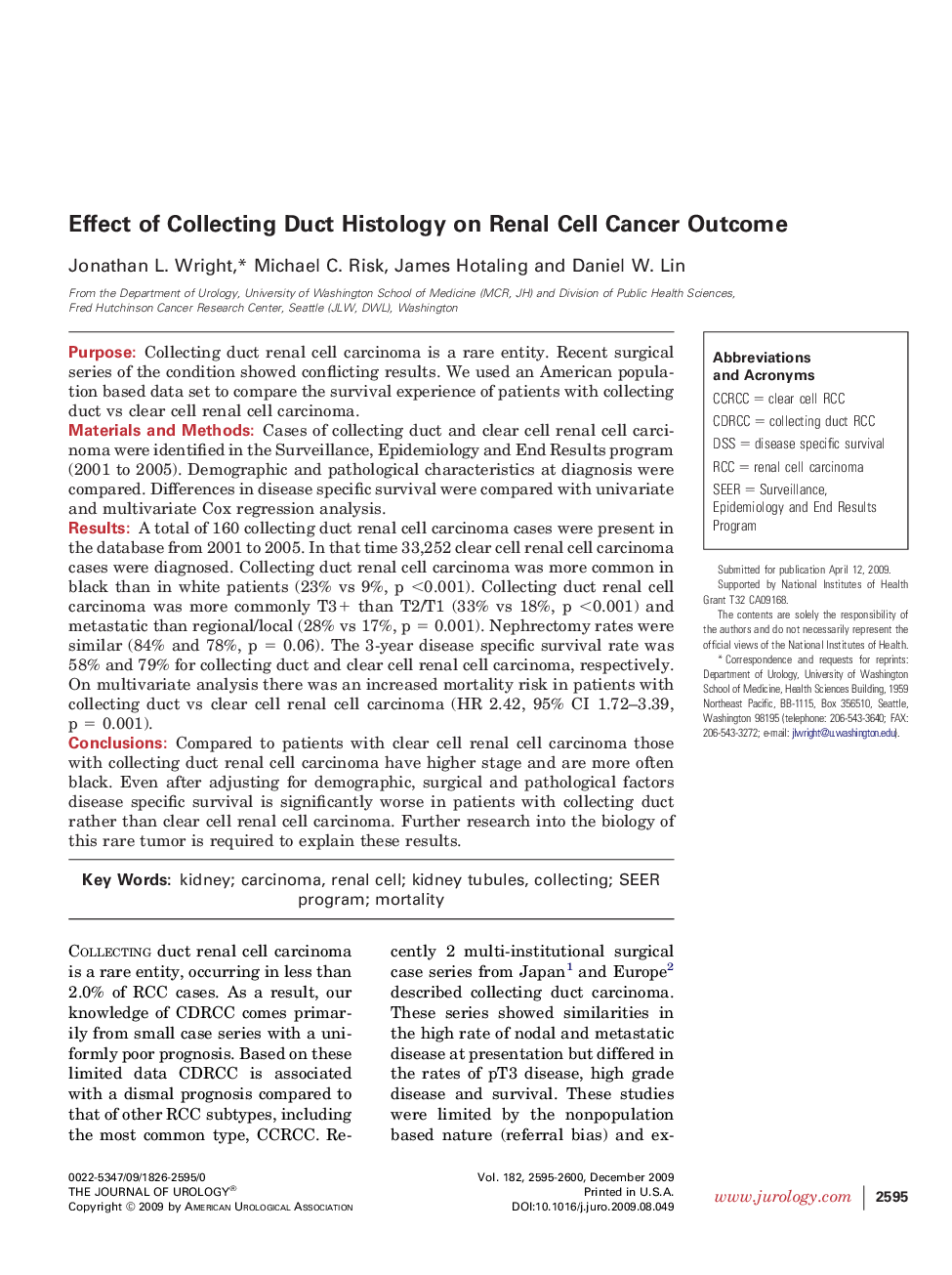 Effect of Collecting Duct Histology on Renal Cell Cancer Outcome 