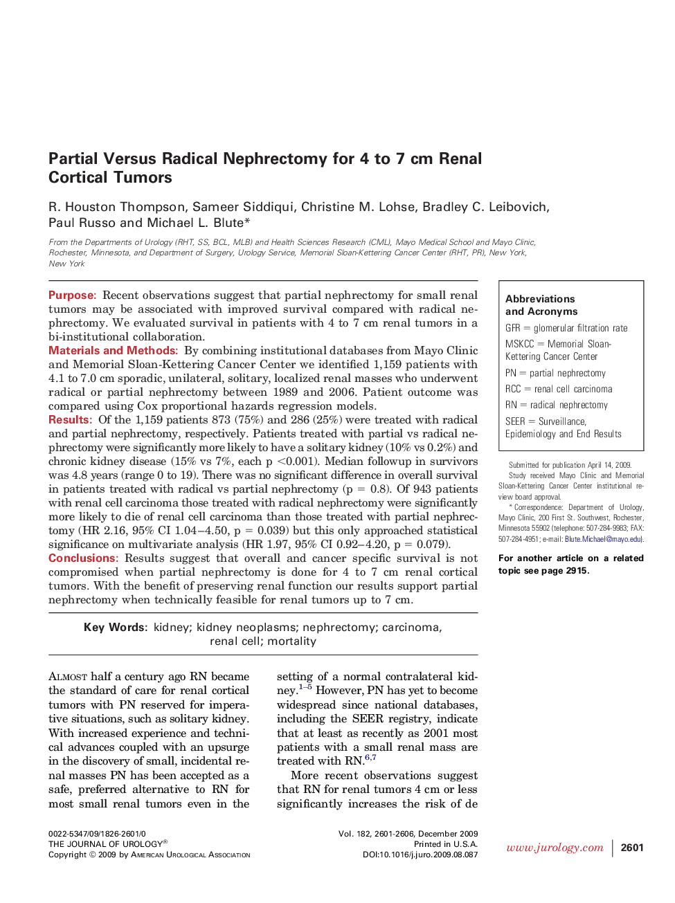 Partial Versus Radical Nephrectomy for 4 to 7 cm Renal Cortical Tumors 