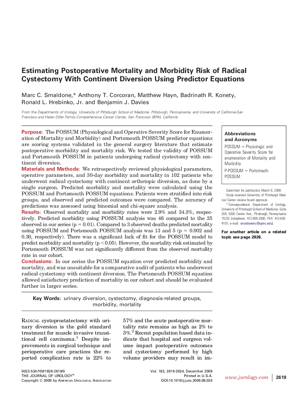 Estimating Postoperative Mortality and Morbidity Risk of Radical Cystectomy With Continent Diversion Using Predictor Equations 