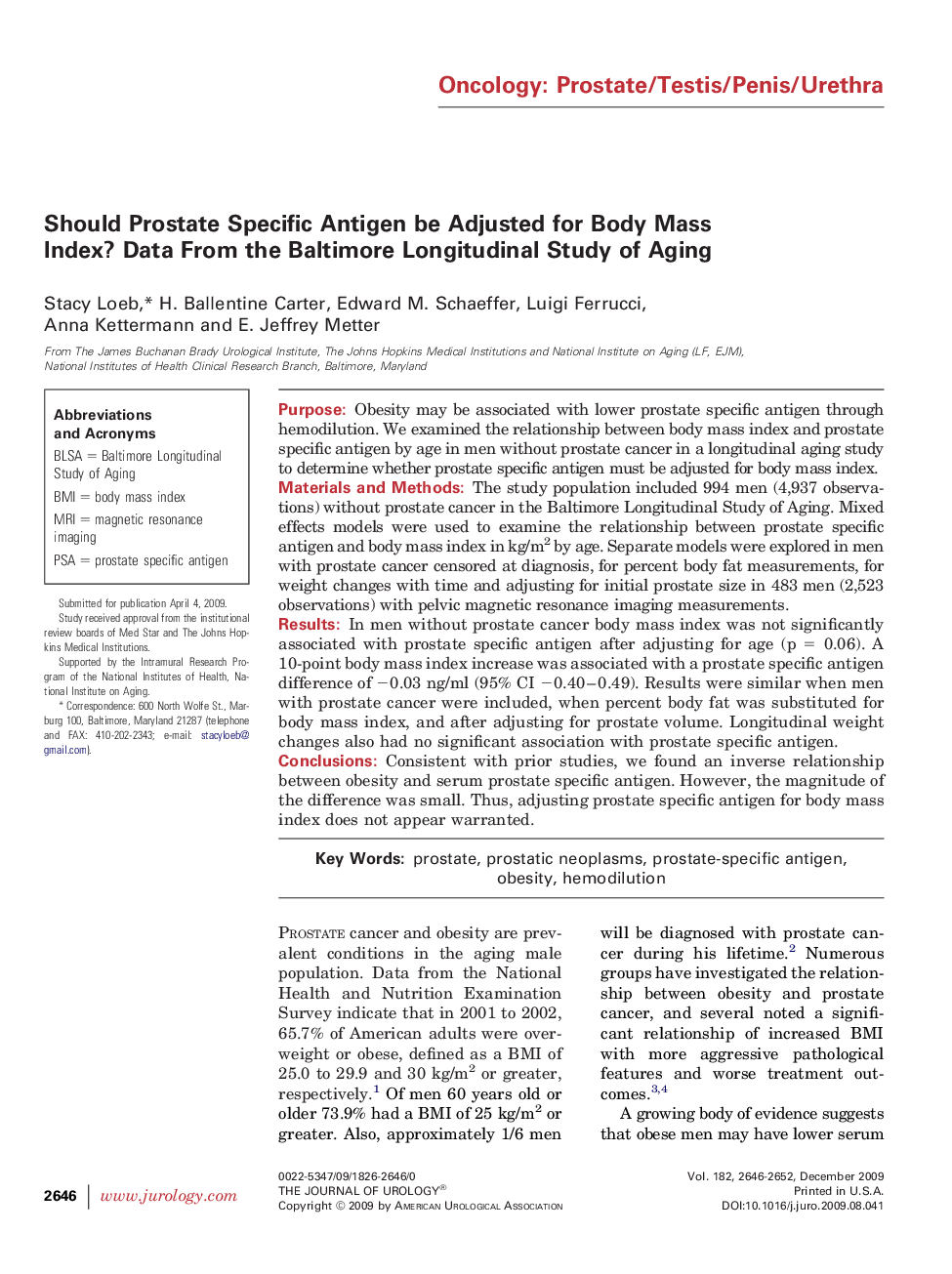 Should Prostate Specific Antigen be Adjusted for Body Mass Index? Data From the Baltimore Longitudinal Study of Aging 