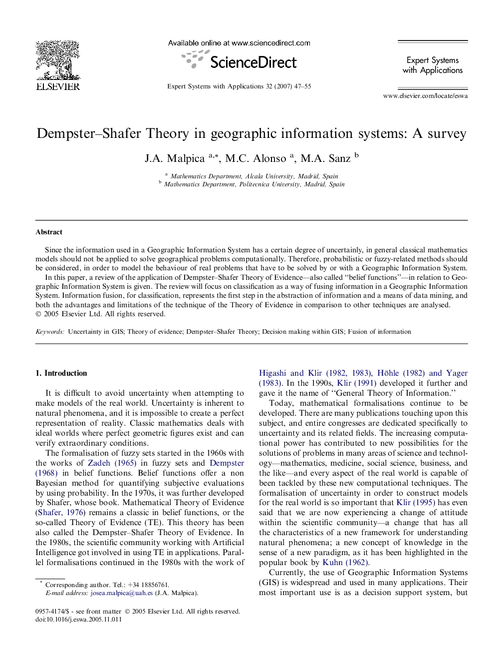 Dempster–Shafer Theory in geographic information systems: A survey