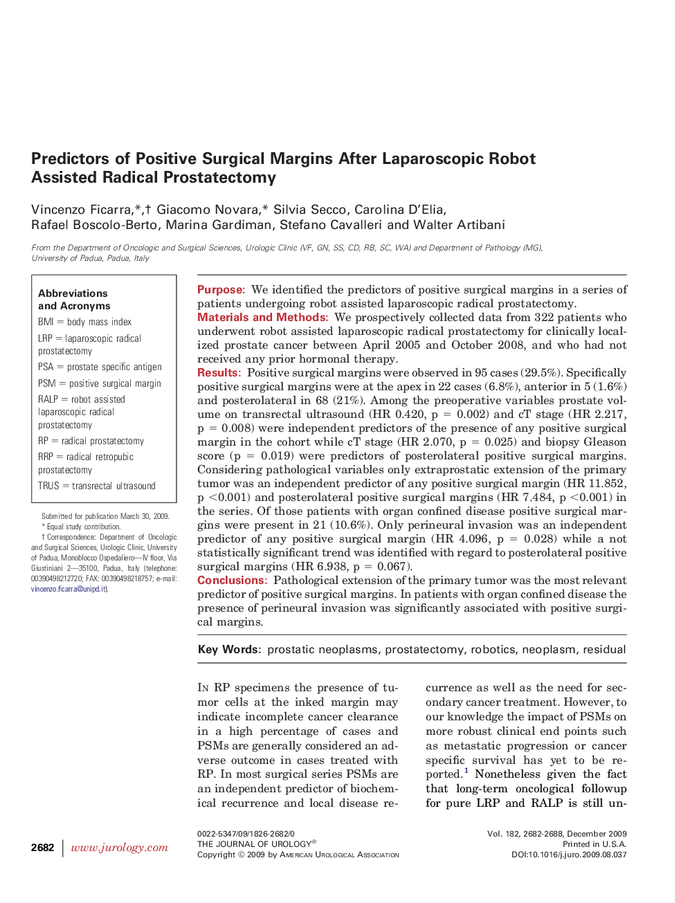 Predictors of Positive Surgical Margins After Laparoscopic Robot Assisted Radical Prostatectomy