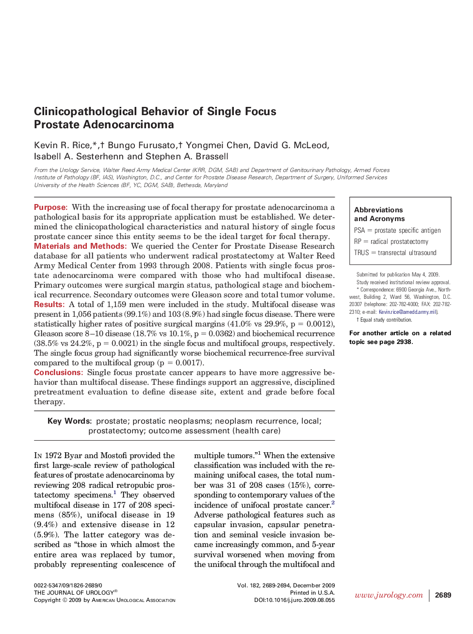 Clinicopathological Behavior of Single Focus Prostate Adenocarcinoma